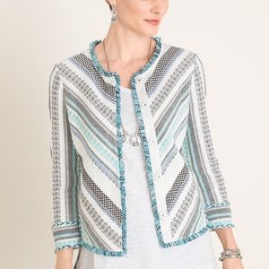 Chico’s Jacket-Weight Cardigan XL Fringe-Trim Size 3 Snap-Front 3/4 Sleeves